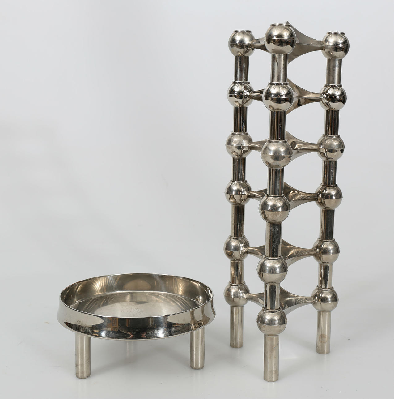 LJUSSTAKAR OCH SKÅL, förkromat stål, 7 delar, Ceasar Stoffi, Nagel, BMF, Tyskland, 1960-tal.