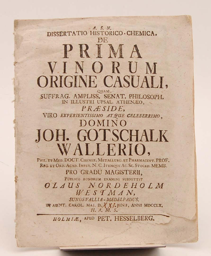 J G WALLERIUS. Tidig svensk avhandling om vin 1760.