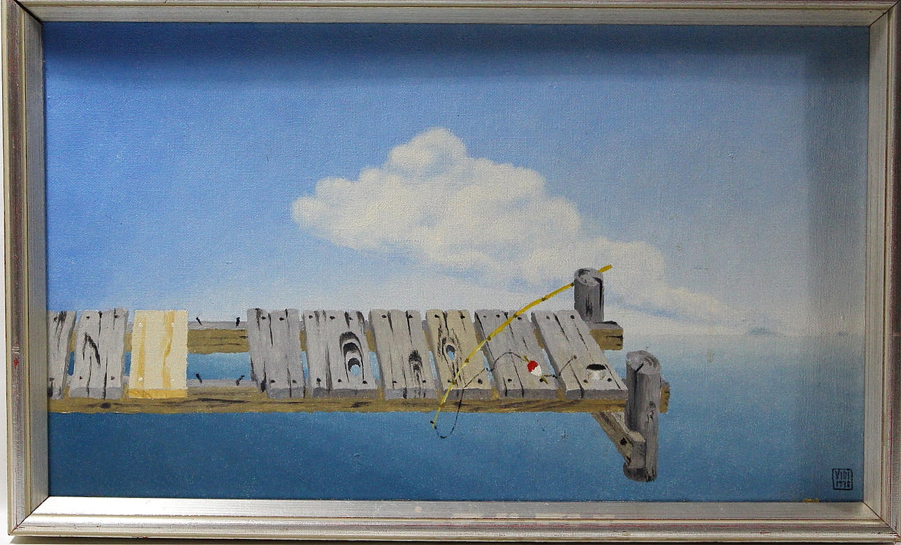 STIG VIDI ÅSBERG. olja på duk, " abborrbryggan " signerad VIVI, daterad 1978.