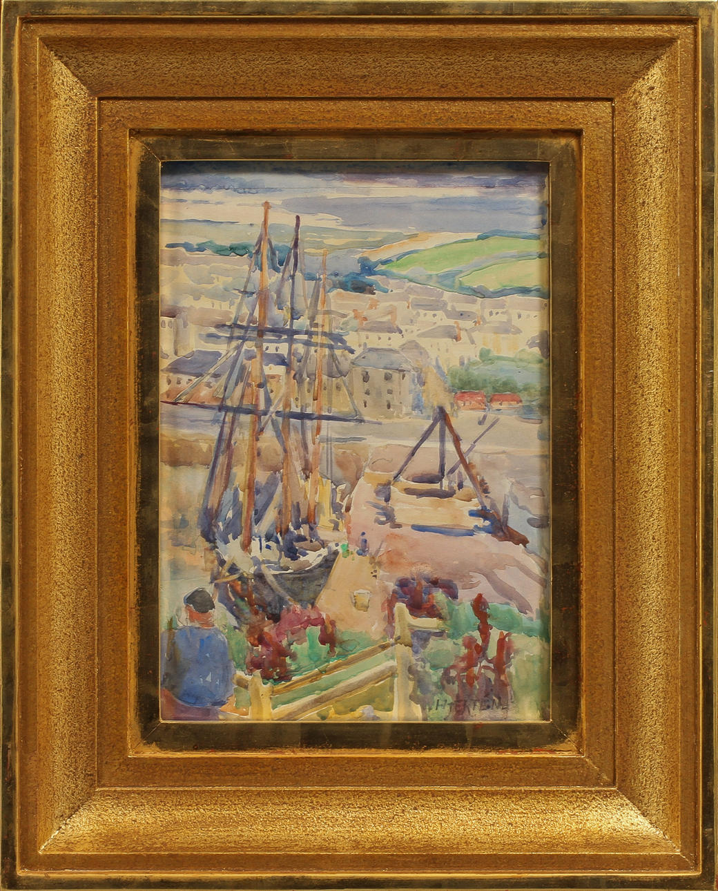 SIGRID HJERTÉN (1885-1948). Fartyg i hamn. Akvarell.