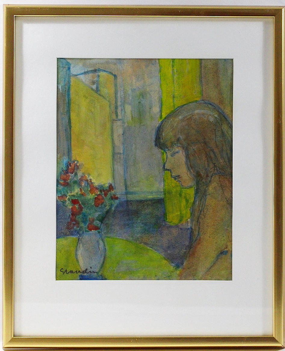 SVÄN GRANDIN. pastell, Flicka vid bord, signerad.