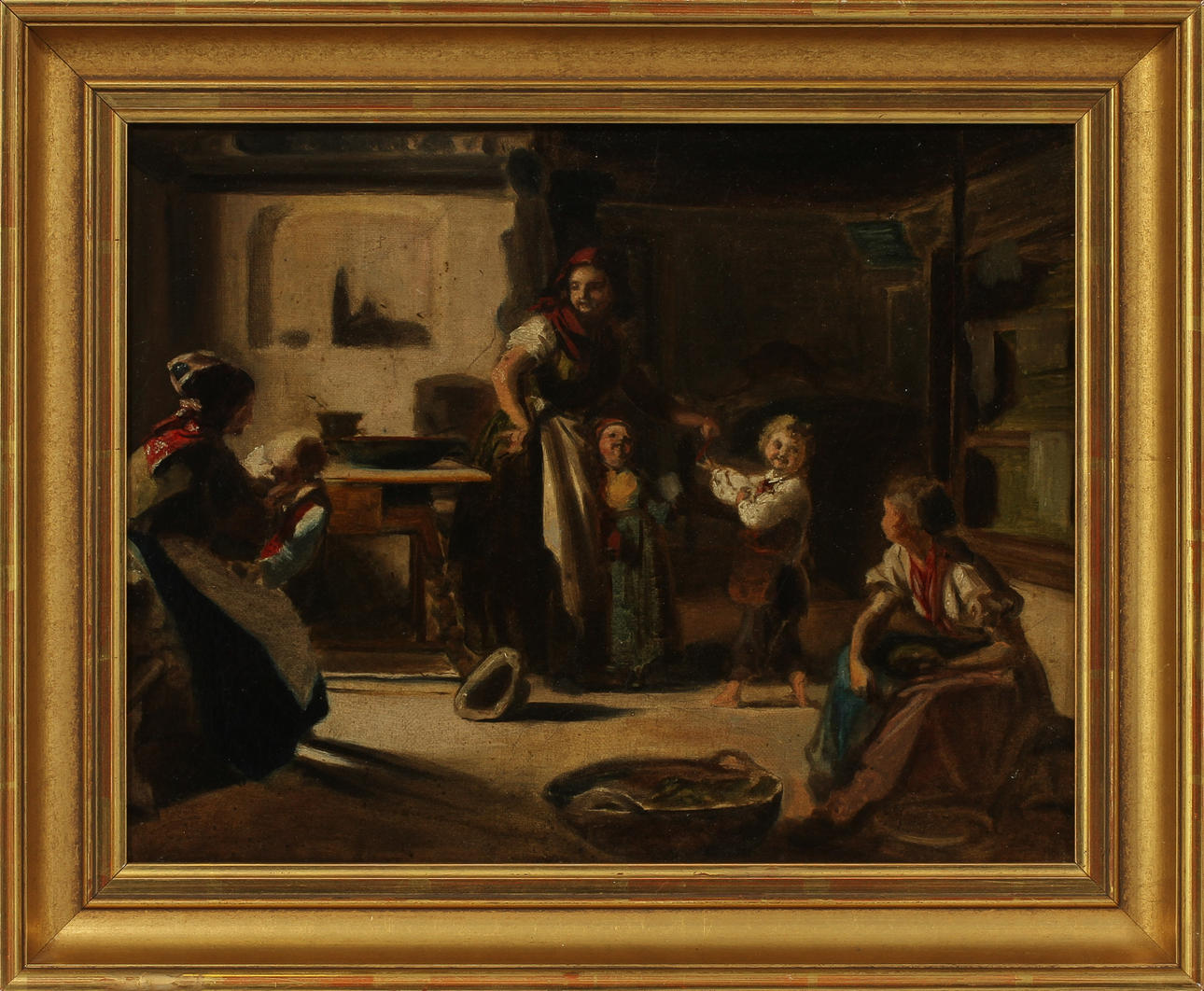 OIDENTIFIERAD KONSTNÄR. Interiör med kvinnor och barn. Olja på duk, 1800-tal.