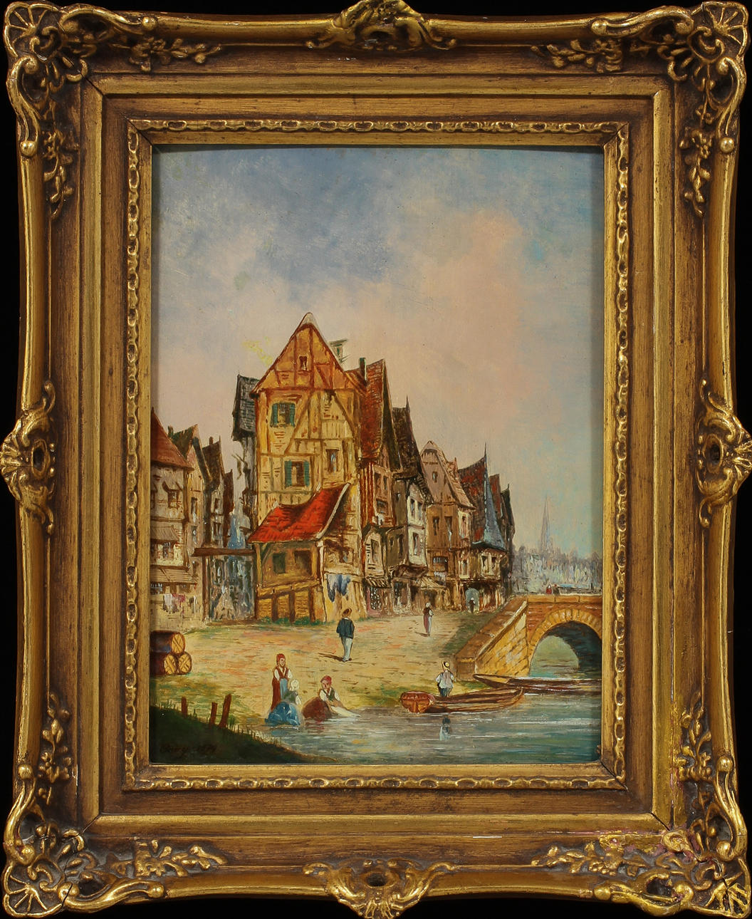 OIDENTIFIERAD KONSTNÄR. Stadsvy. Olja på pannå. Bär signatur Bovy samt datering 1874.