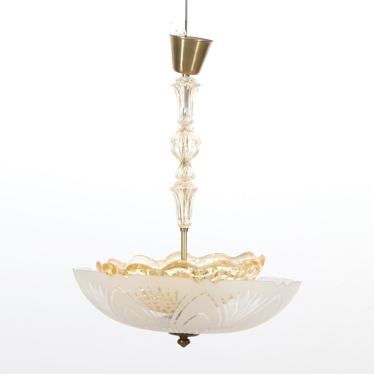 DECKENLEUCHTE. Glas und Messing. Orrefors, 1940er/50er Jahre.