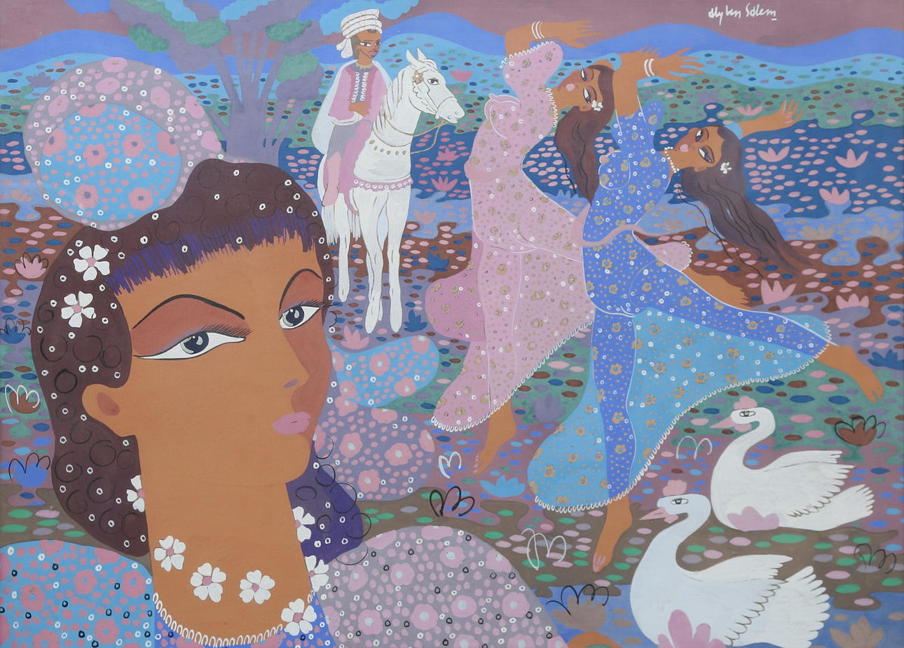 ALY BEN SALEM. Landscape with figures, gouache, signed.