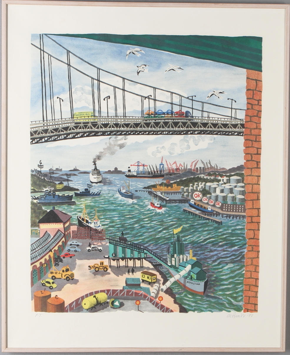 MONA HUSS WALLIN. Göteborgs hamn, färglitografi, provtryck, singerad.