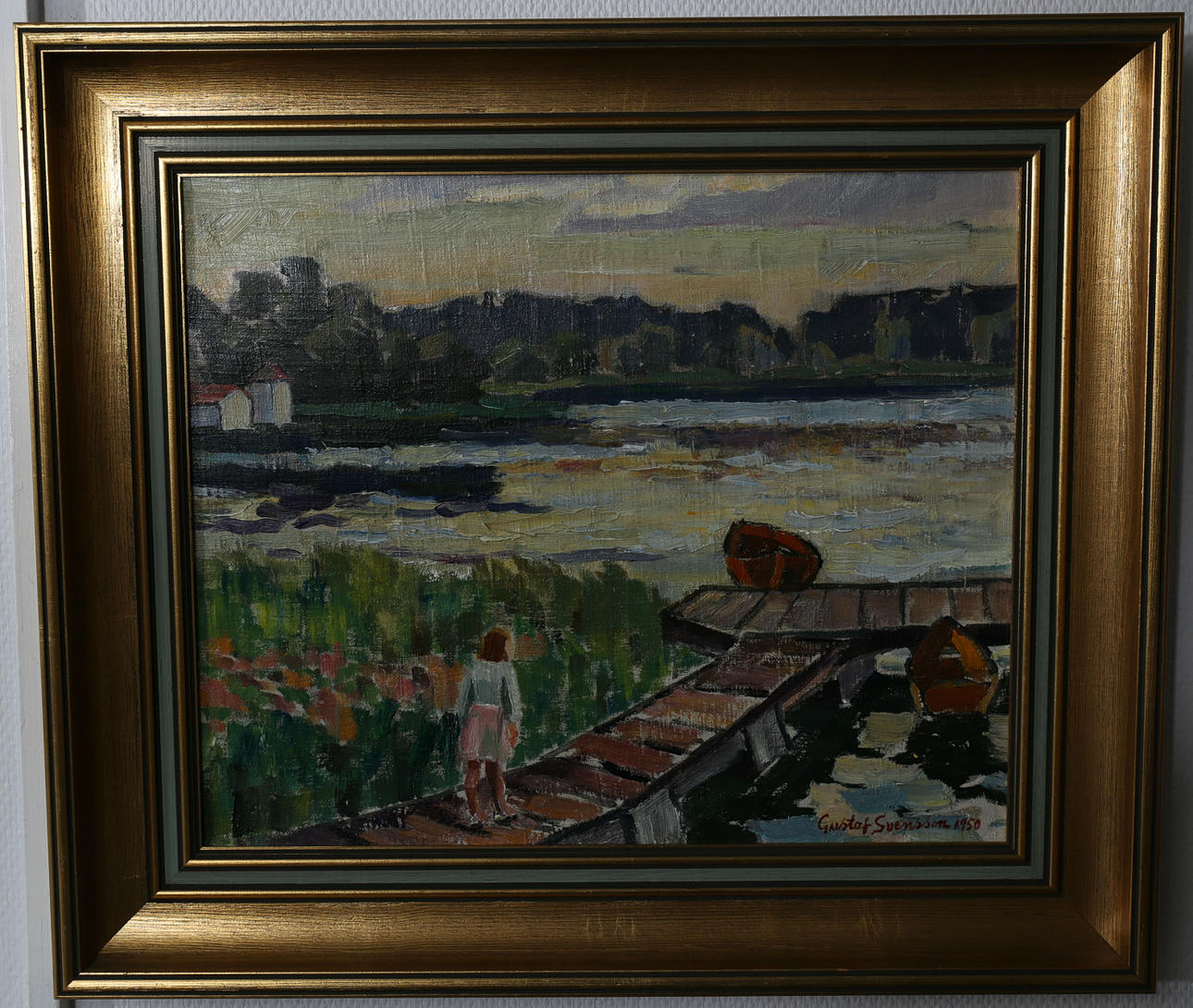 GUSTAF SVENSSON. Olja på duk, "Sommarkväll över Säterviken, Margaretelund", signerad, daterad 1950.