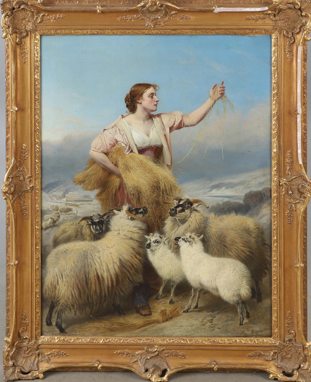 RICHARD ANSDELL. Woman with sheep, oil on canvas, signed Rich