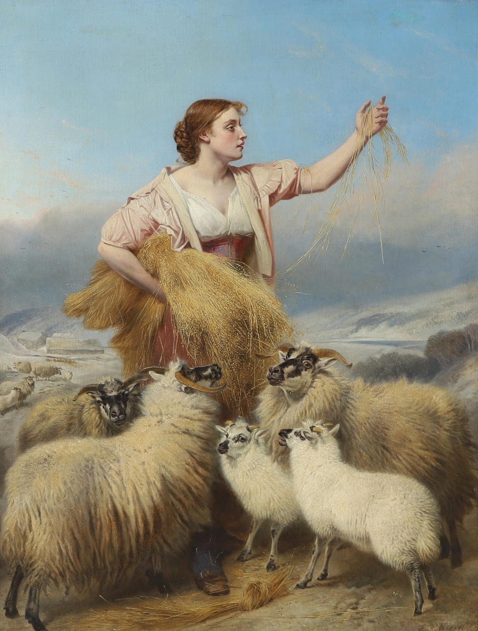 RICHARD ANSDELL. Woman with sheep, oil on canvas, signed Rich