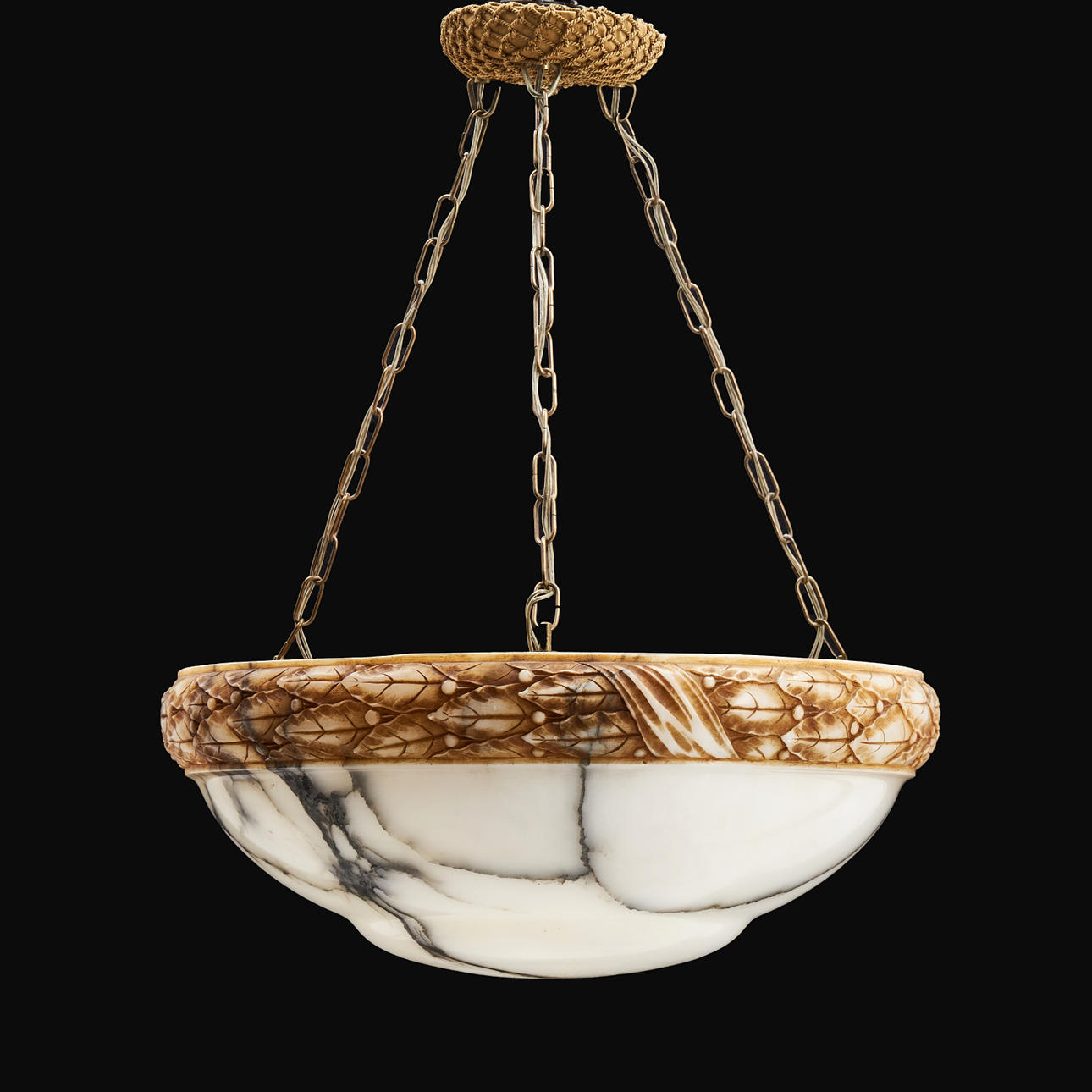 A ceiling lamp, alabaster, leaf cut top, brass details, 1920s.