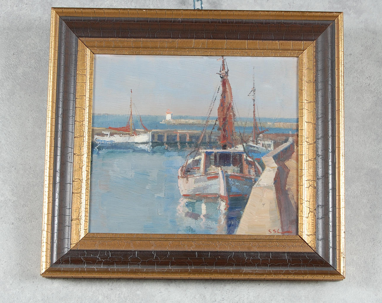 OKÄND KONSTNÄR. olja på duk, " Falsterbo hamn " signerad, S.S.L.