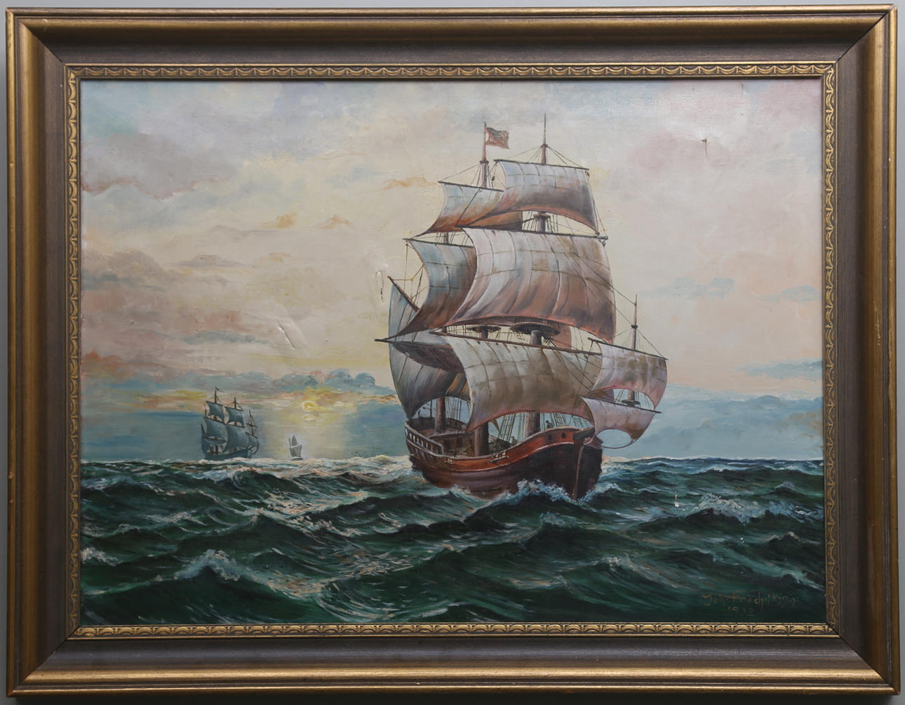 JOHN FREDRIKSSON. Marinmotiv med segelfartyg. Olja på duk. Signerad och daterad 1932.