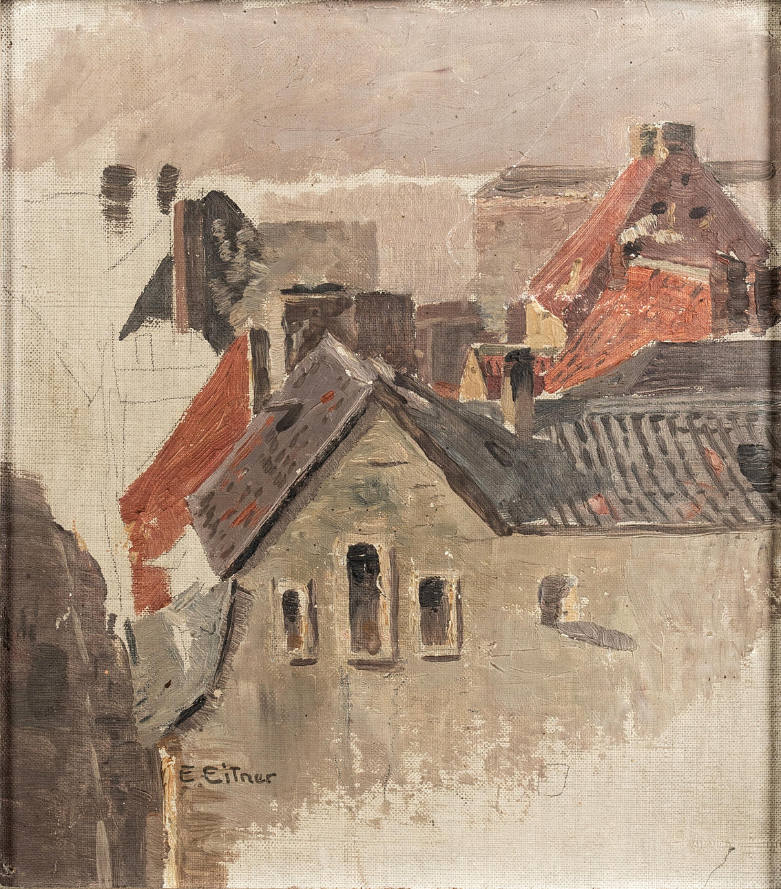 ERNST EITNER (1867-1955). Blankenese roofs, oil study.