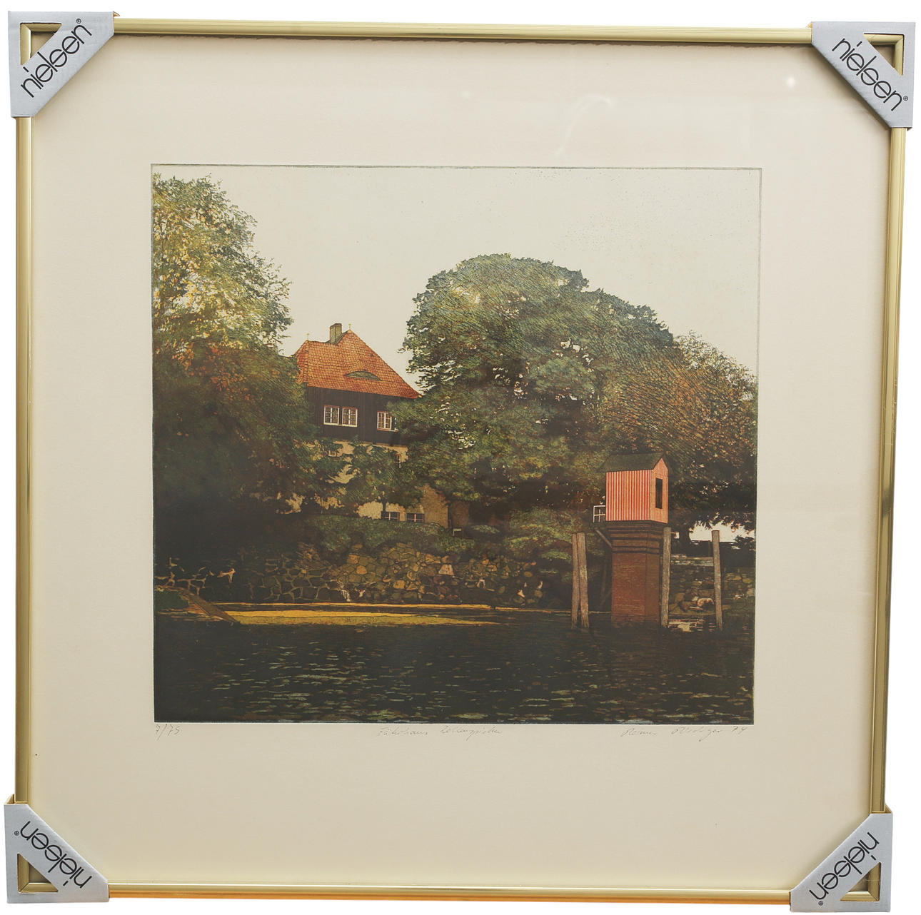 REIMER RIEDIGER. Colour etching, Fährhaus, numbered 7/75, signed, dated 1974.