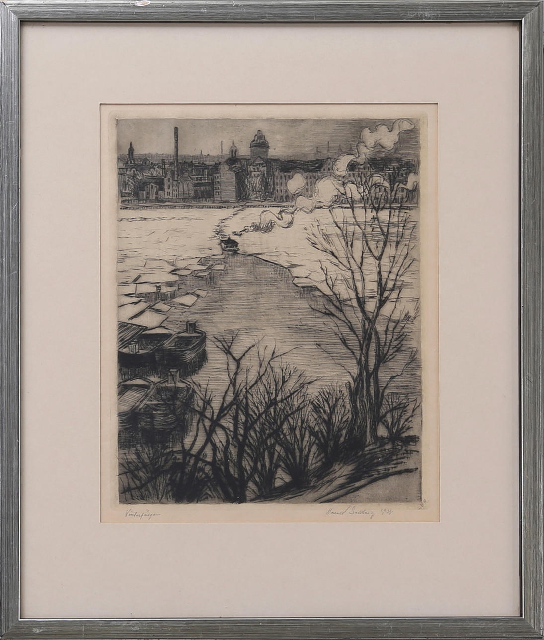 HARALD SALLBERG. "Vinterfärjan", etsning, signerad och daterad 1934.
