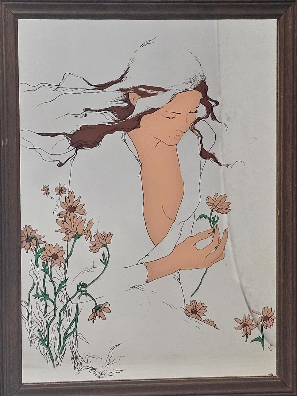 SPEJL MED EN TEGNING AF EN UNG KVINDE.