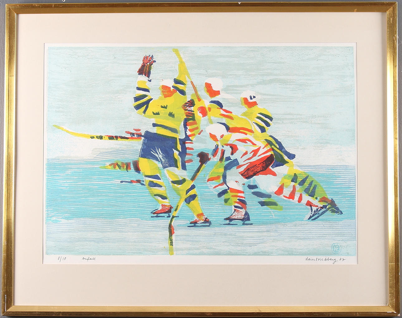 HANS-ERIK ÖBERG. Tre kronor, hockeymotiv, litpografi, signerad ocj numrerad 8/18.