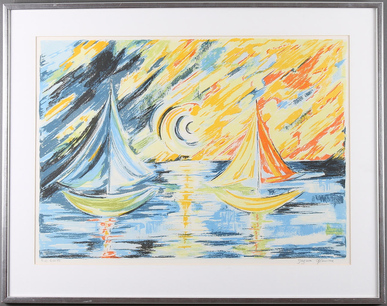 DAGMAR GLEMME. Segelbåtar i solnedgång. litografi, signerad EA.