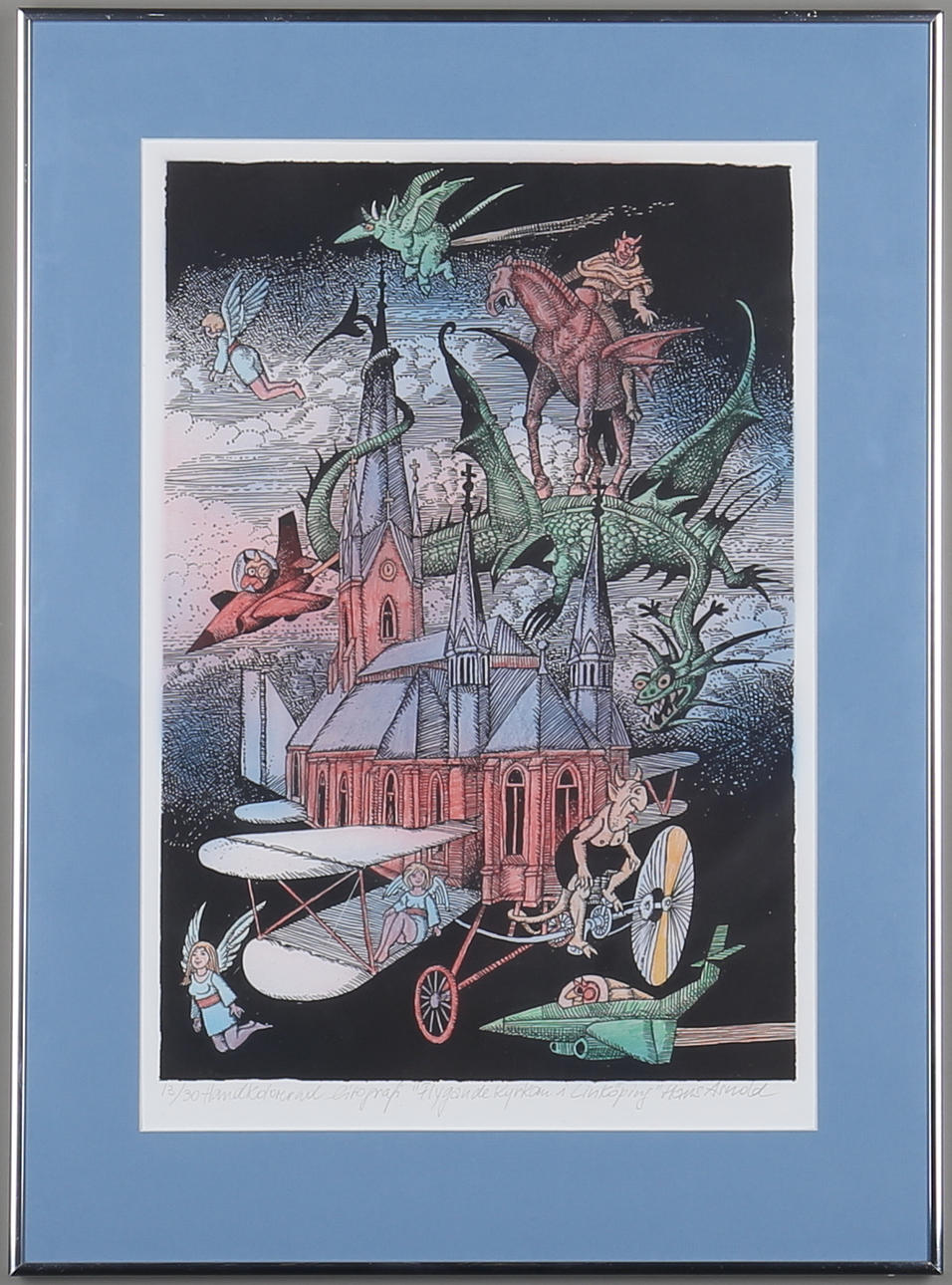 HANS ARNOLD. "Flygande kyrkan i Linköping", handkolorerad litografi, signerad samt numrerad 13/30.