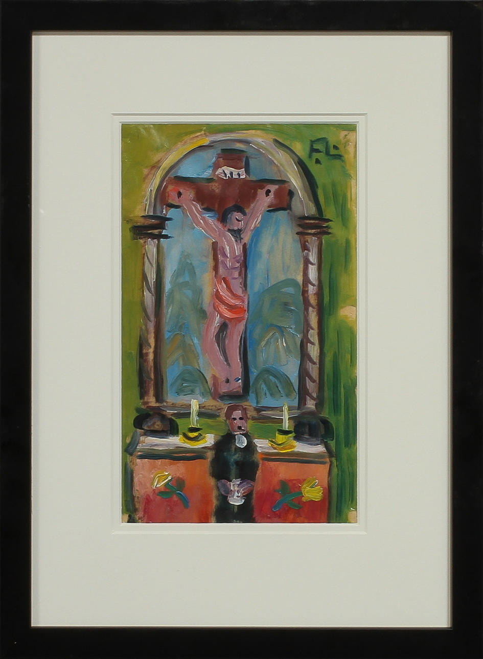 FRANS LARSSON. Jesus på korset, blandteknik på papper, signerad.