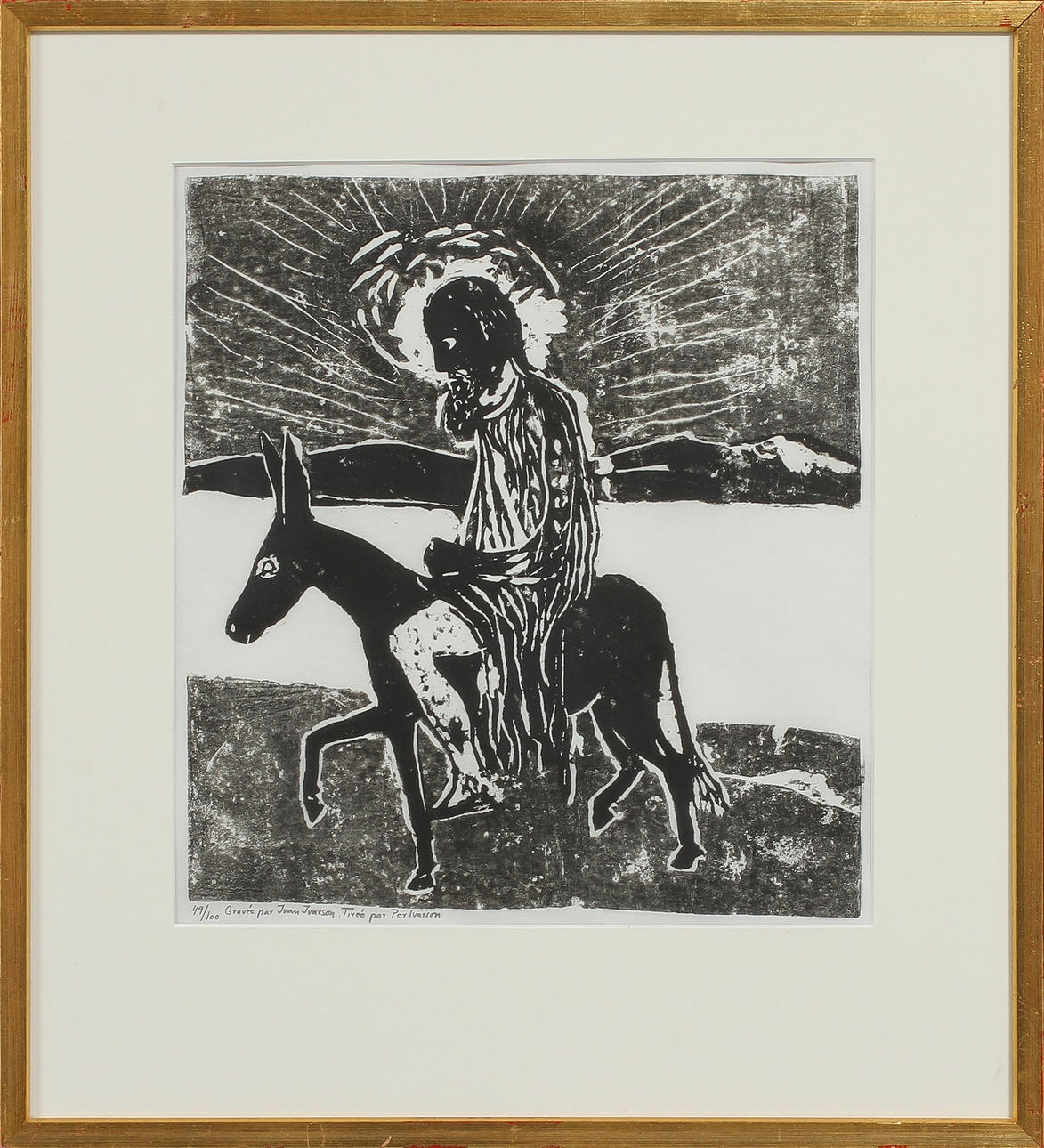 IVAN IVARSON. Kristus ridandes på åsna, linoleumsnitt, signerad och numrerad 49/100.