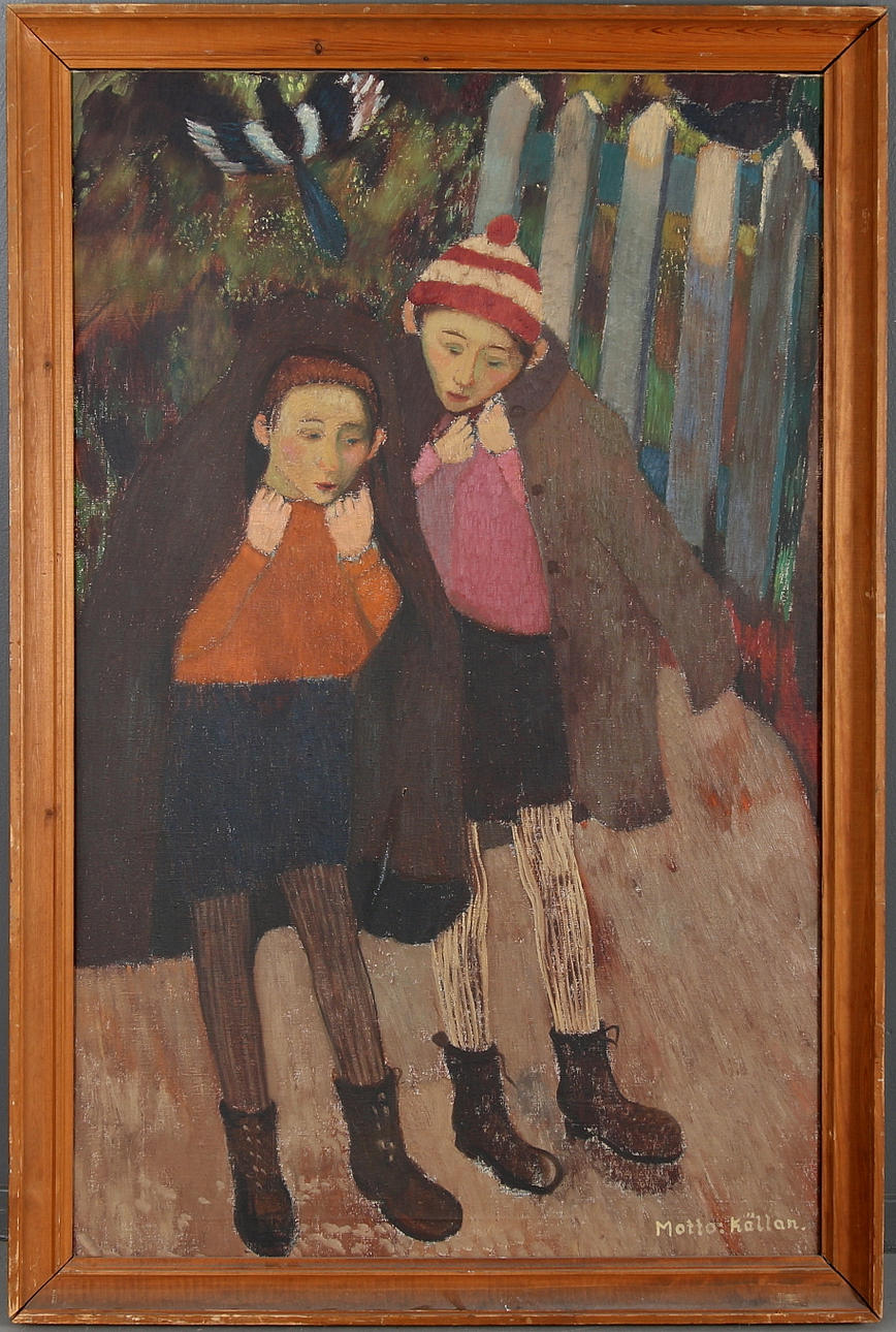 RUNE HAGMAN. "Två pojkar - Motto:Källan", olja på duk, signerad a tergo.