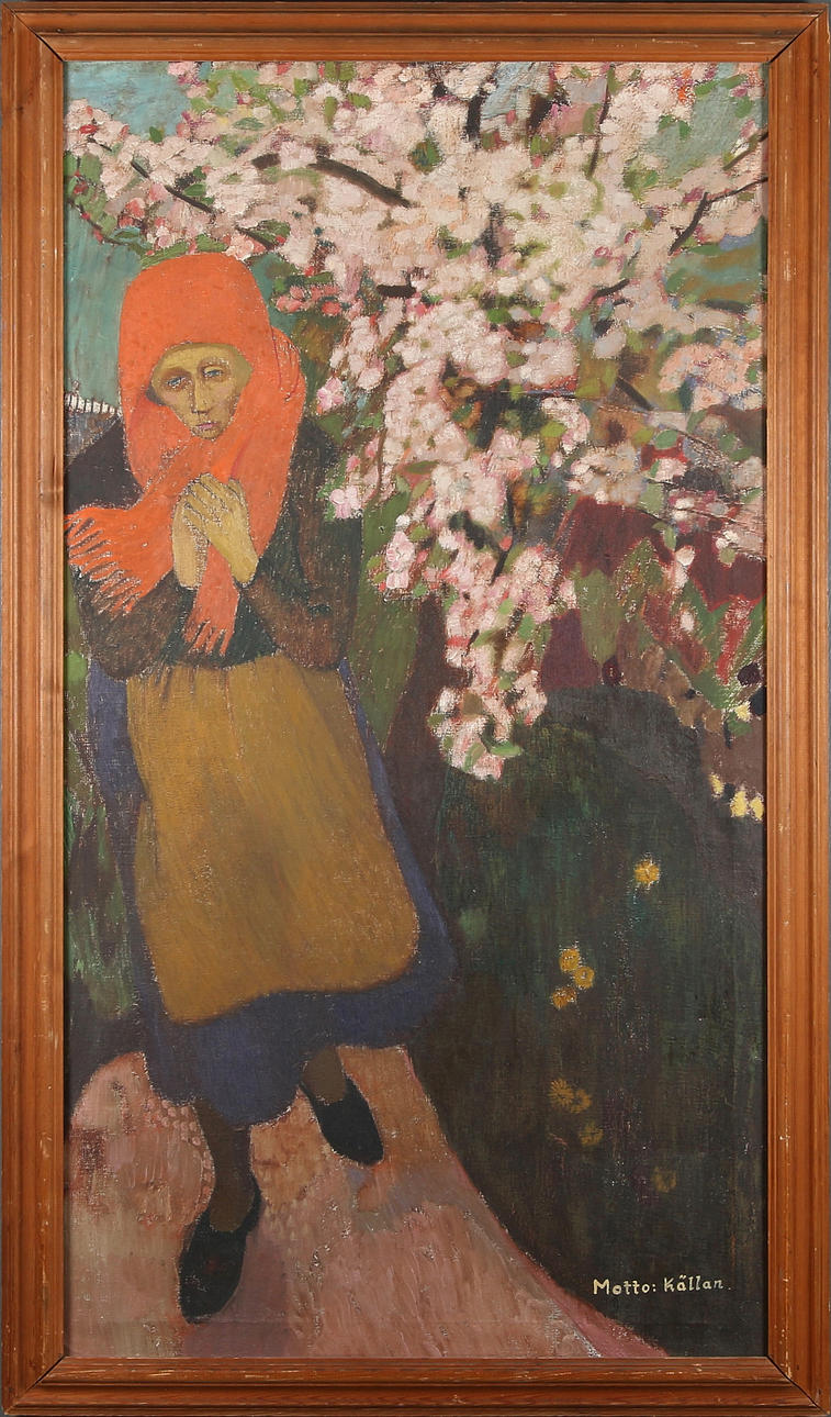 RUNE HAGMAN. "Kvinna vid äppelträd - Motto:Källan", olja på duk, signerad a tergo.