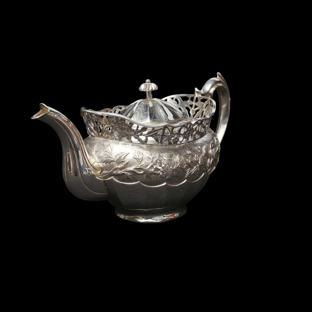 TEAPOT, with openwork grid edge and driven decor, silver, Asia.
