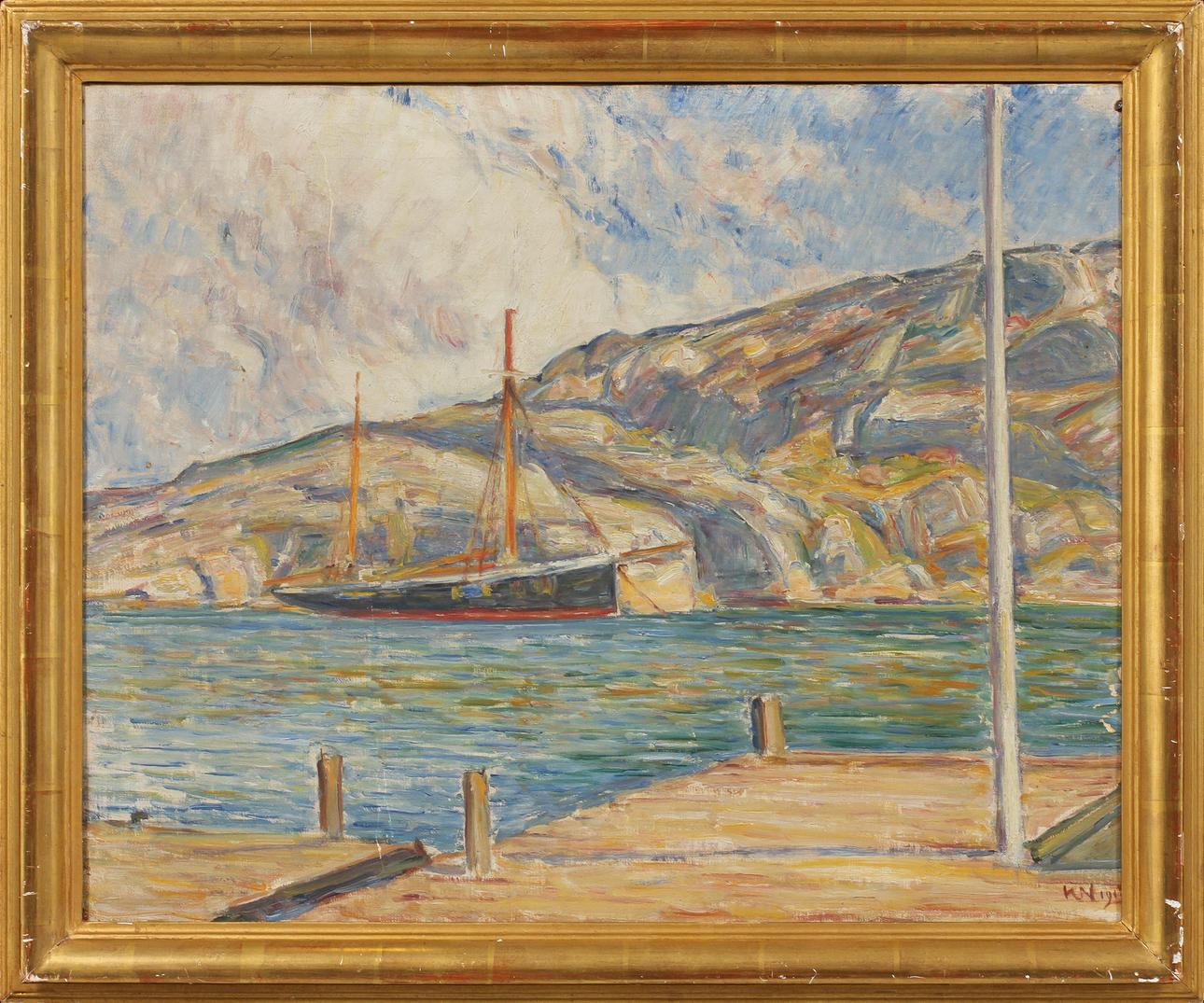 KARL NORDSTRÖM (1855-1923). "Bryggan och kuttern". Olja på duk.