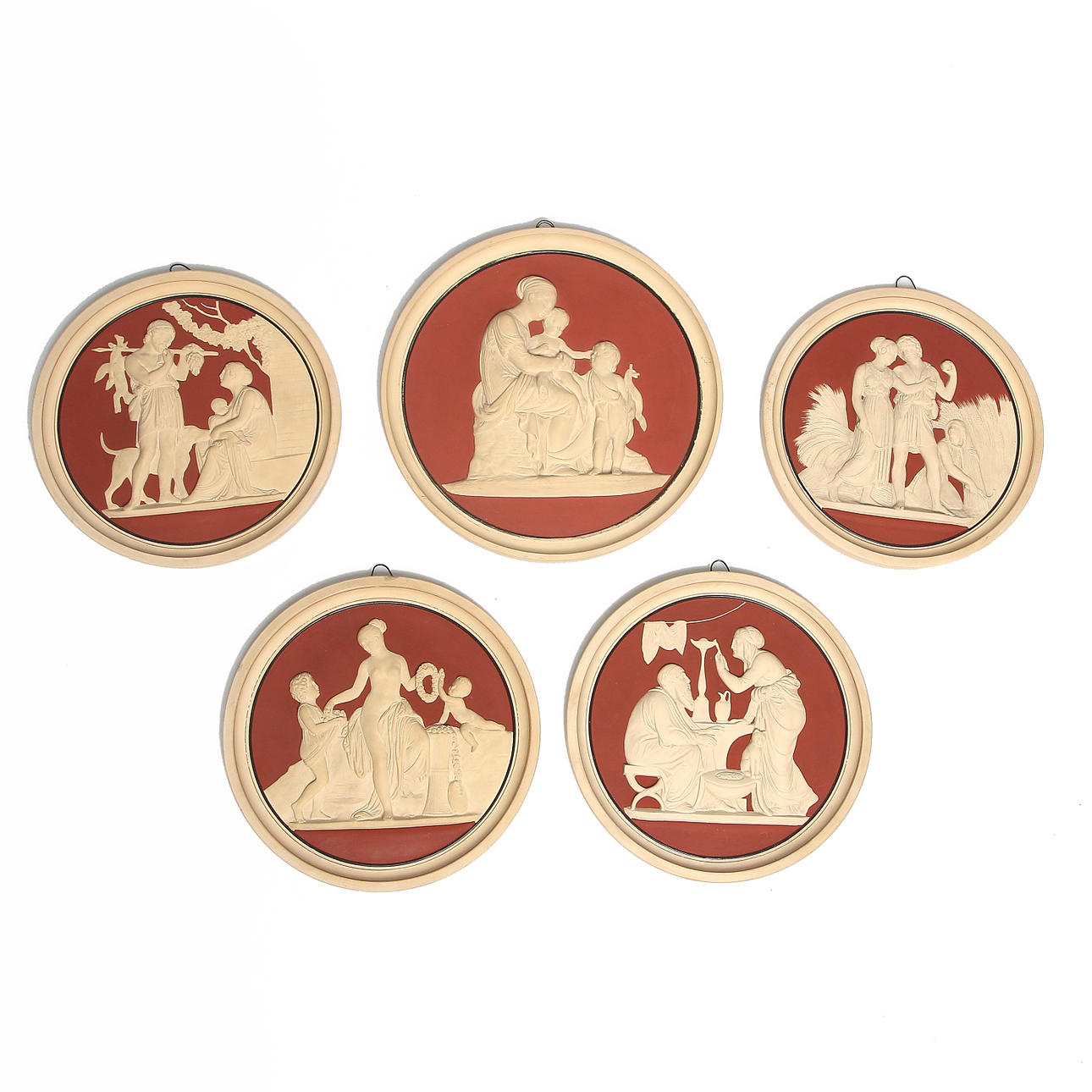 VÄGGPLAKETTER / MEDALJONGER, 5 st, keramik, P. Ipsen, Köpenhamn, Danmark, 1800-tal.