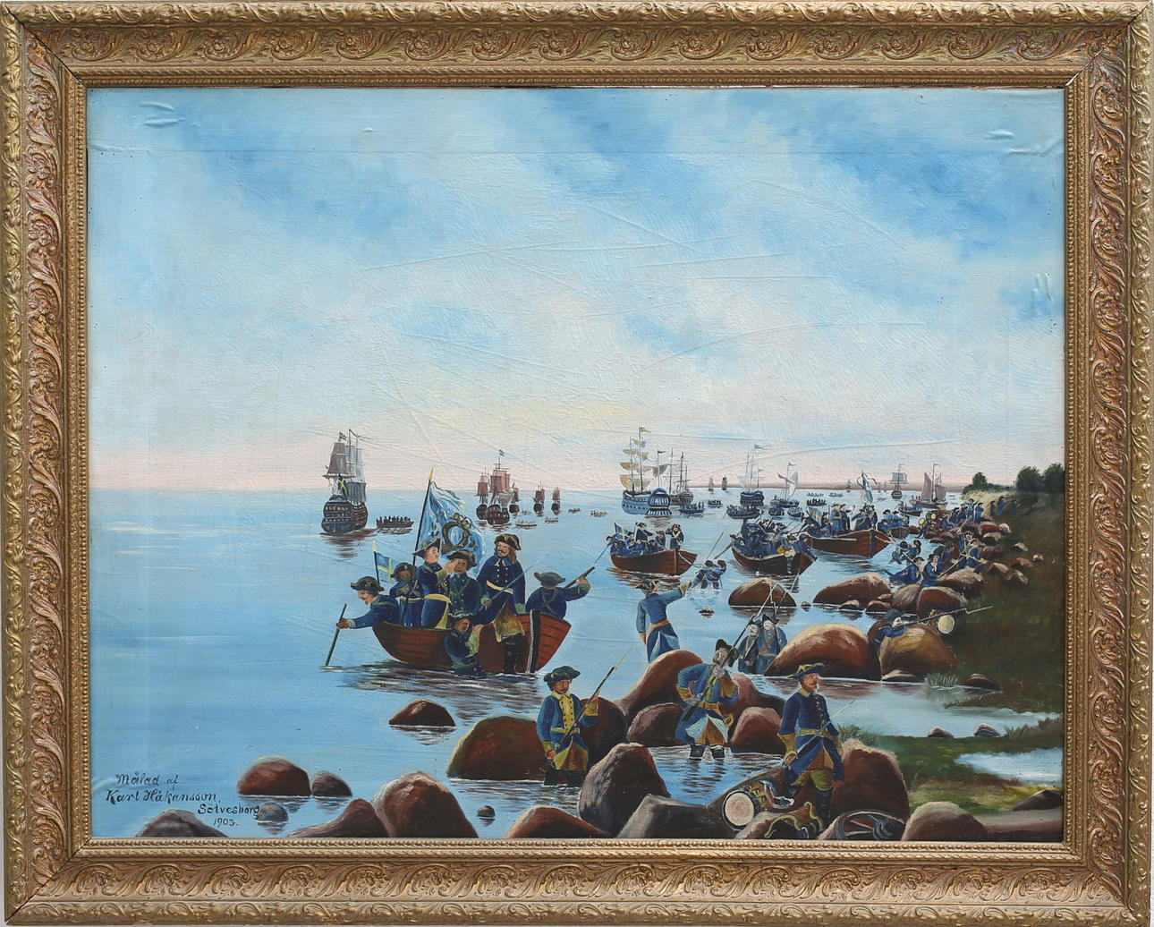 OIDENTIFIERAD KONSTNÄR. Landstigning, olja på duk, signerad Karl Håkansson Sölvesborg 1903.