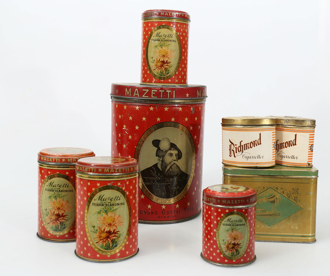 PLÅTBURKAR, 8 stycken, bland annat Mazetti, 1900-talets första hälft.