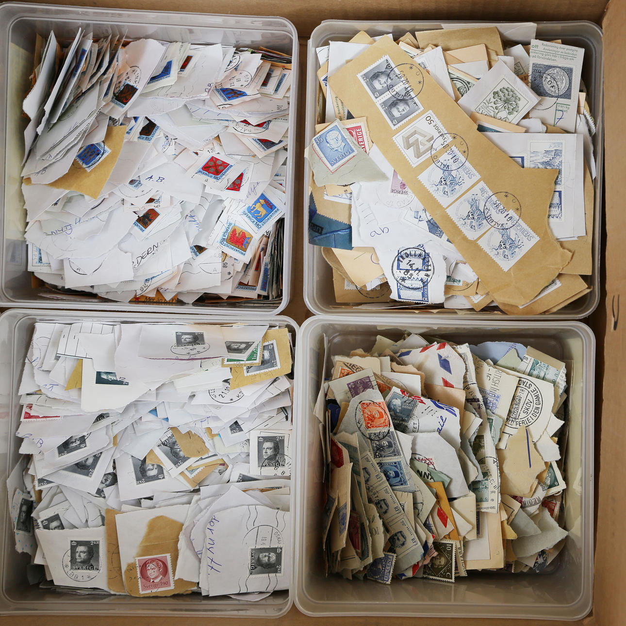 STAMPS IN MOVING BOX, MOSTLY LETTERCLIPS SWEDEN.