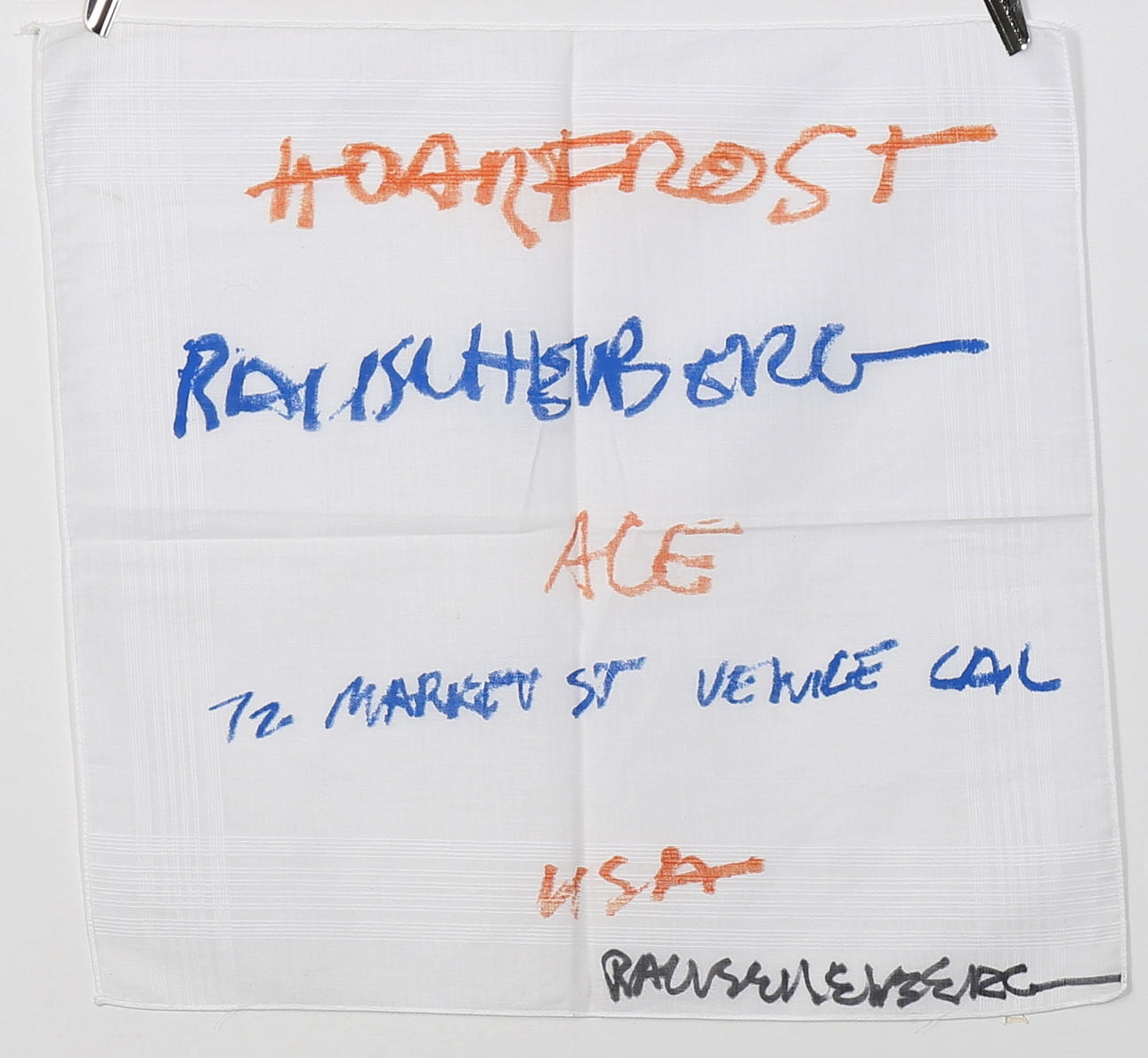 ROBERT RAUSCHENBERG. Invitation till Ace Gallery, print on cotton, signerad Rauschenberg, 1970-tal.