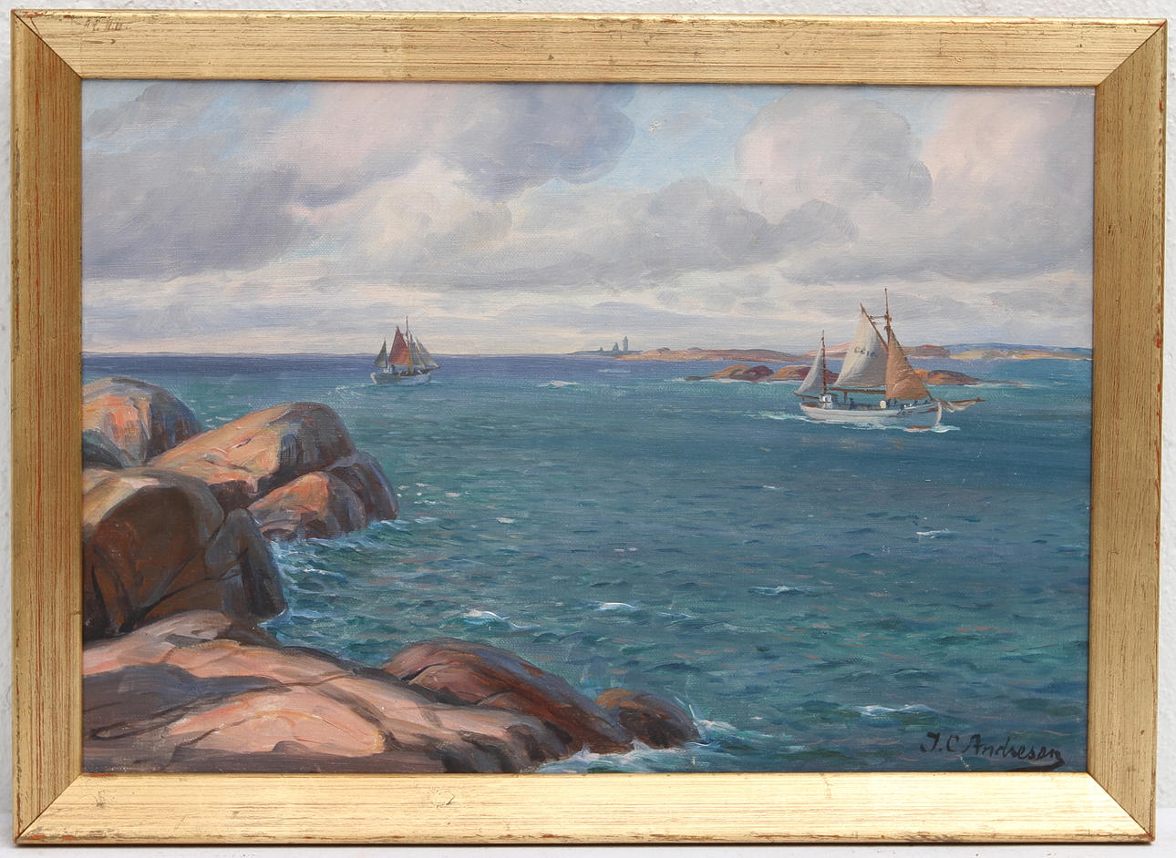 J.C ANDRESEN. Olja på duk. "Sandvik, Styrsö", signerad.
