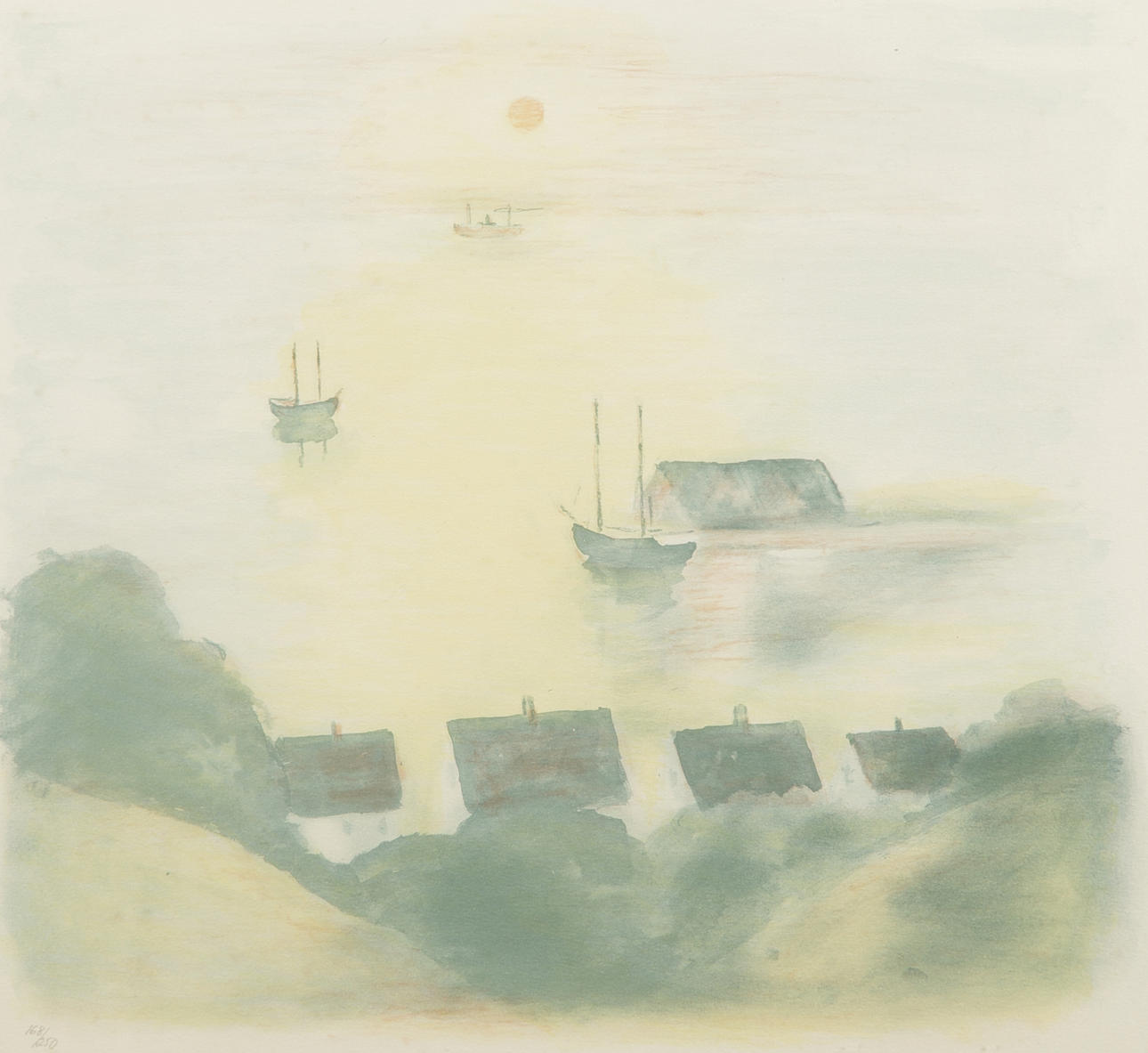 GUSTAV RUDBERG. Ven med båtar, färglitografi, signerad.