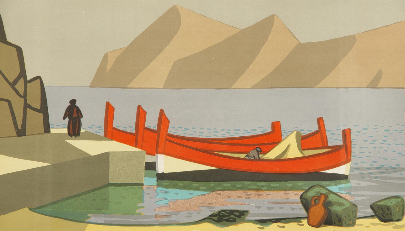 LARS NORRMAN. Båtar vid kaj, färglitografi, signerad.