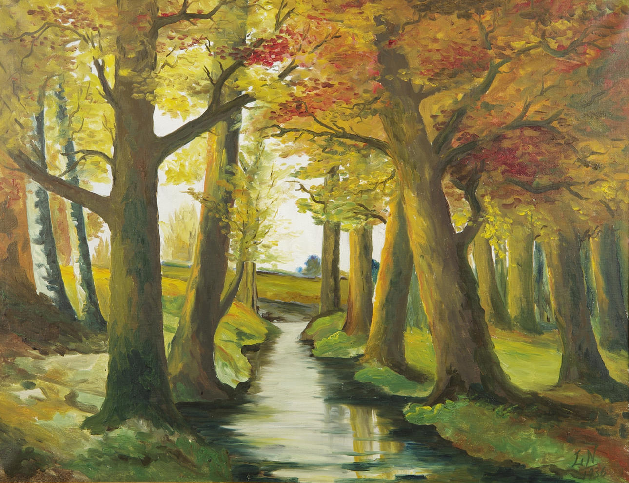 OIDENTIFIERAD KONSTNÄR. Skogsparti med bäck, olja på duk, monogramsignerad L.N. 1936.