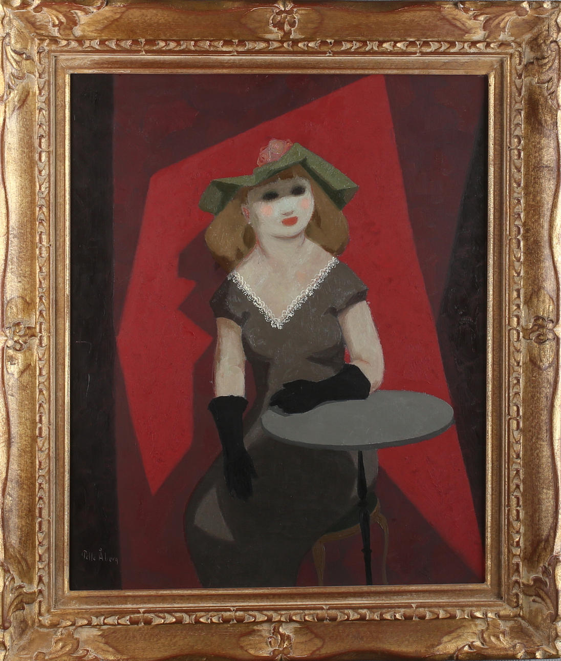 PELLE ÅBERG. Dam vid Cafébord, olja på pannå, signerad.