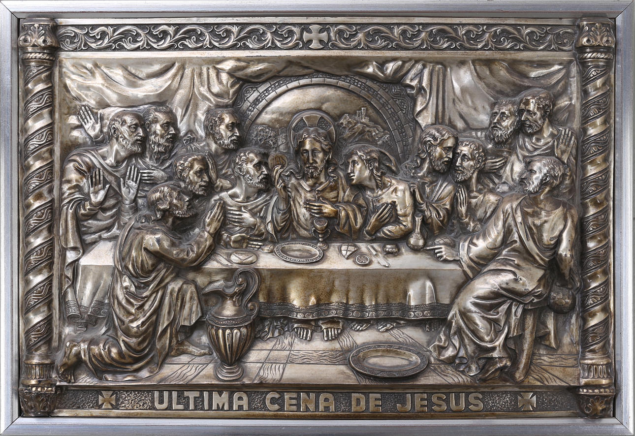 TAVLA, Nattvarden, driven metall, "Ultima Cena de Jesus", 1900-talets mitt.