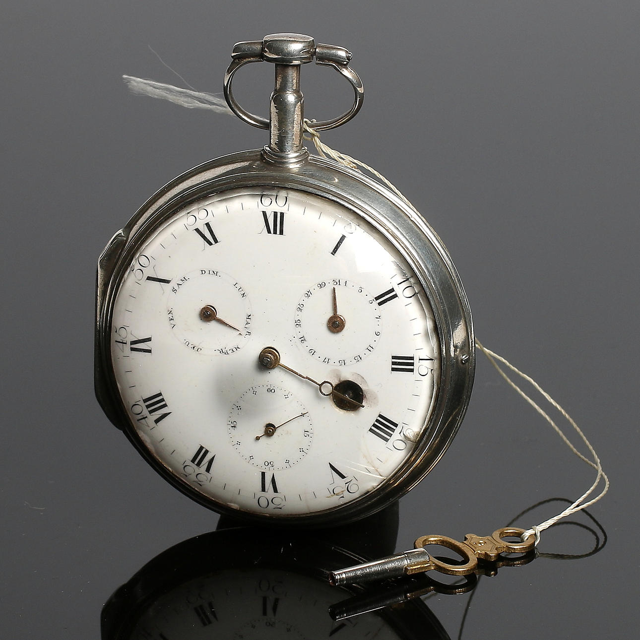 FICKUR, silver, "spindelur med dag/datum". 1800-talets mitt.