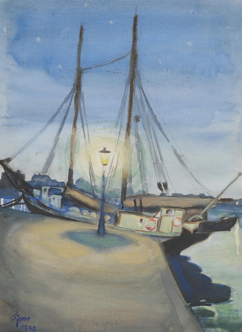 TORSTEN BJARRE. Watercolour, boat in port, signed, dated 1939.