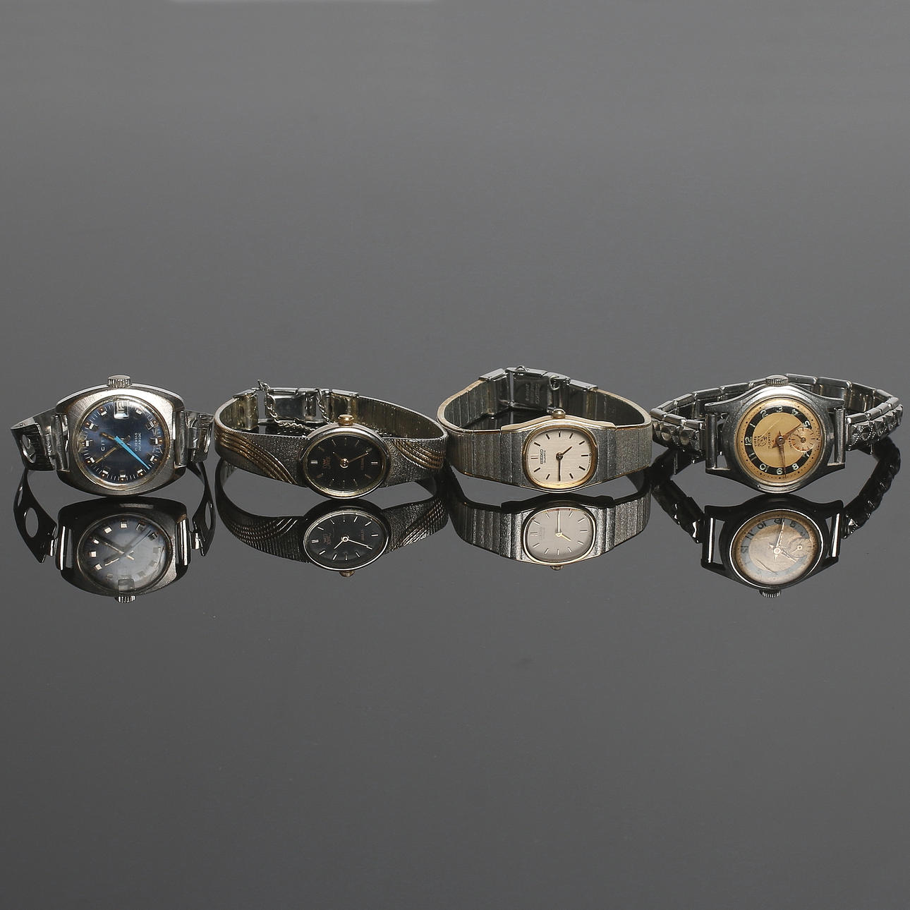 ARMBANDSUR, dam, 4 st, stål, Seiko, Inex, Tiger och City, 1900-tal.