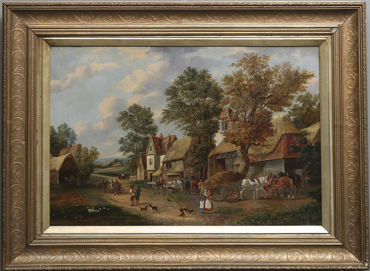 OIDENTIFIERAD KONSTNÄR. Livlig figurscen i landsbygd. Olja på duk Signerad E. Harris. 1800-tal.