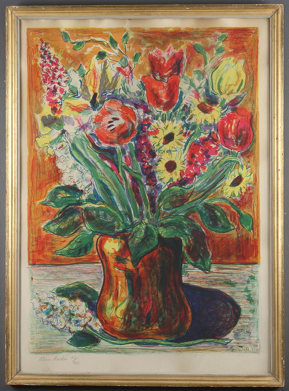 ALBIN AMELIN. Blomsterstilleben, litografi, signerad och numrerad 158/200.
