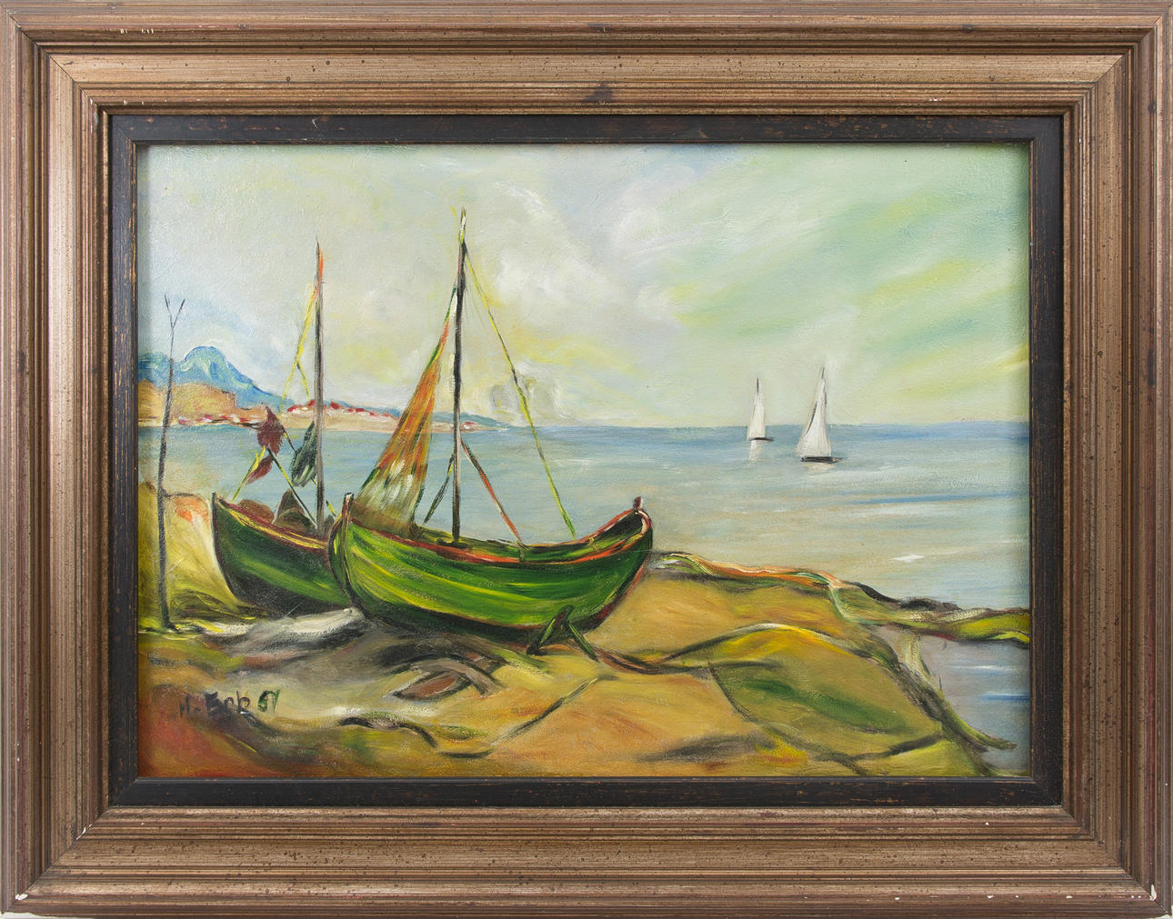 OKÄND KONSTNÄR. Segelbåtar, olja på duk, signerad H. Erb och dat. 67.