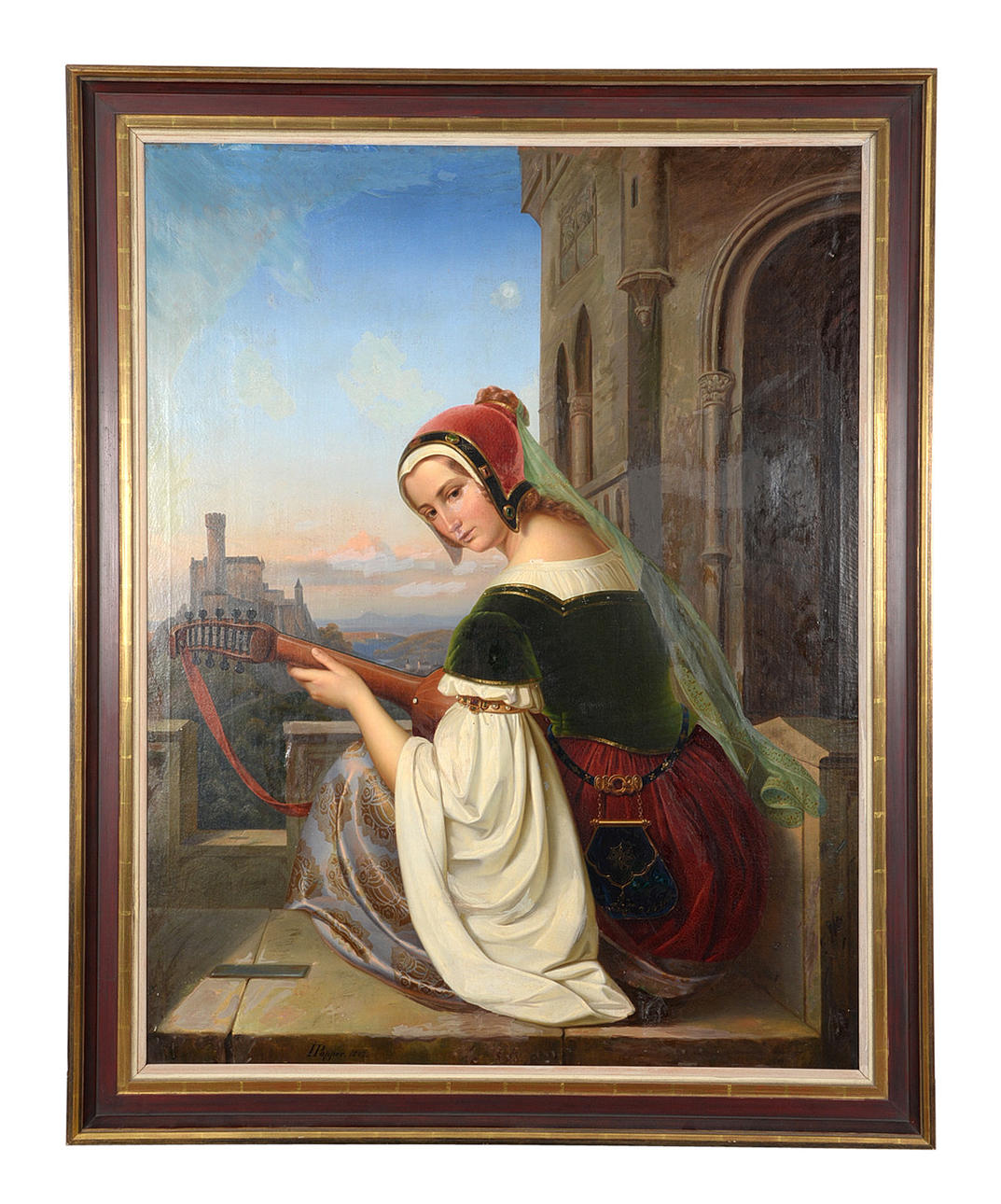 ISIDOR POPPER. Minstrel med slottets fästningar. Kvinna som spelar mandolin i ett idealiserat slott landskap.
