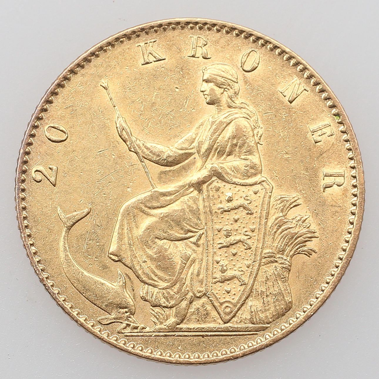 MYNT, 20 kroner, guld 21,6K, Christian IX, Danmark, 1873, vikt 8,94 gram.