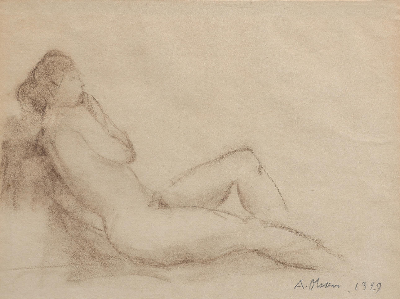 ANDERS OLSON. TECKNING, SITTANDE MODELL.