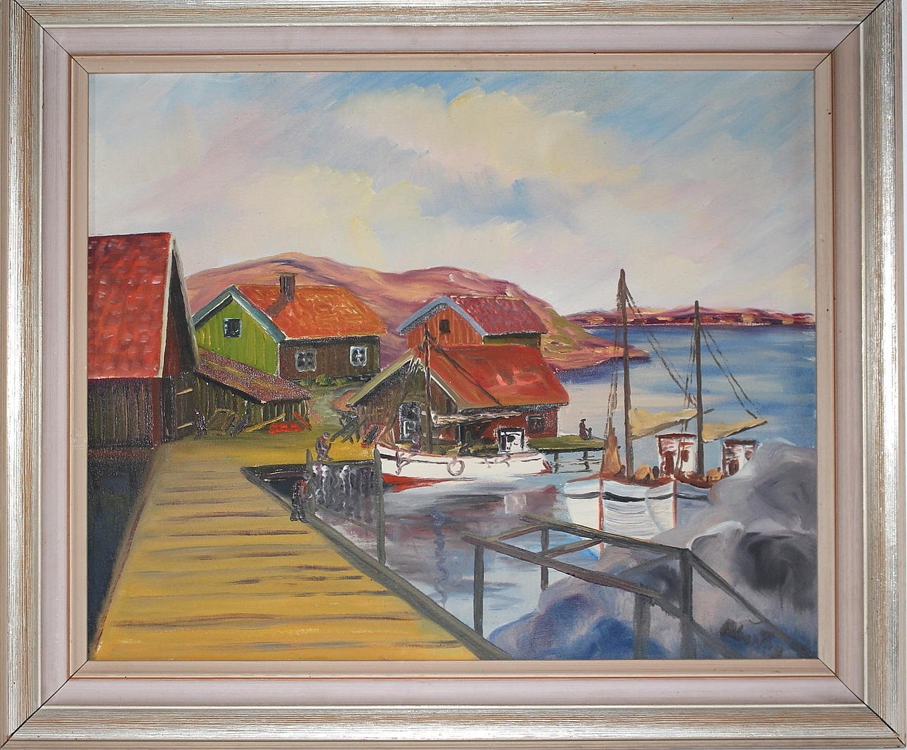 OIDENTIFIERAD KONSTNÄR. olja på duk, " båthamn " signerad.